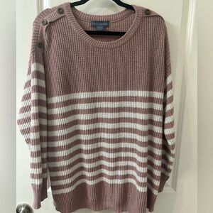 Mauve and White Striped Button-Shoulder Sweater
